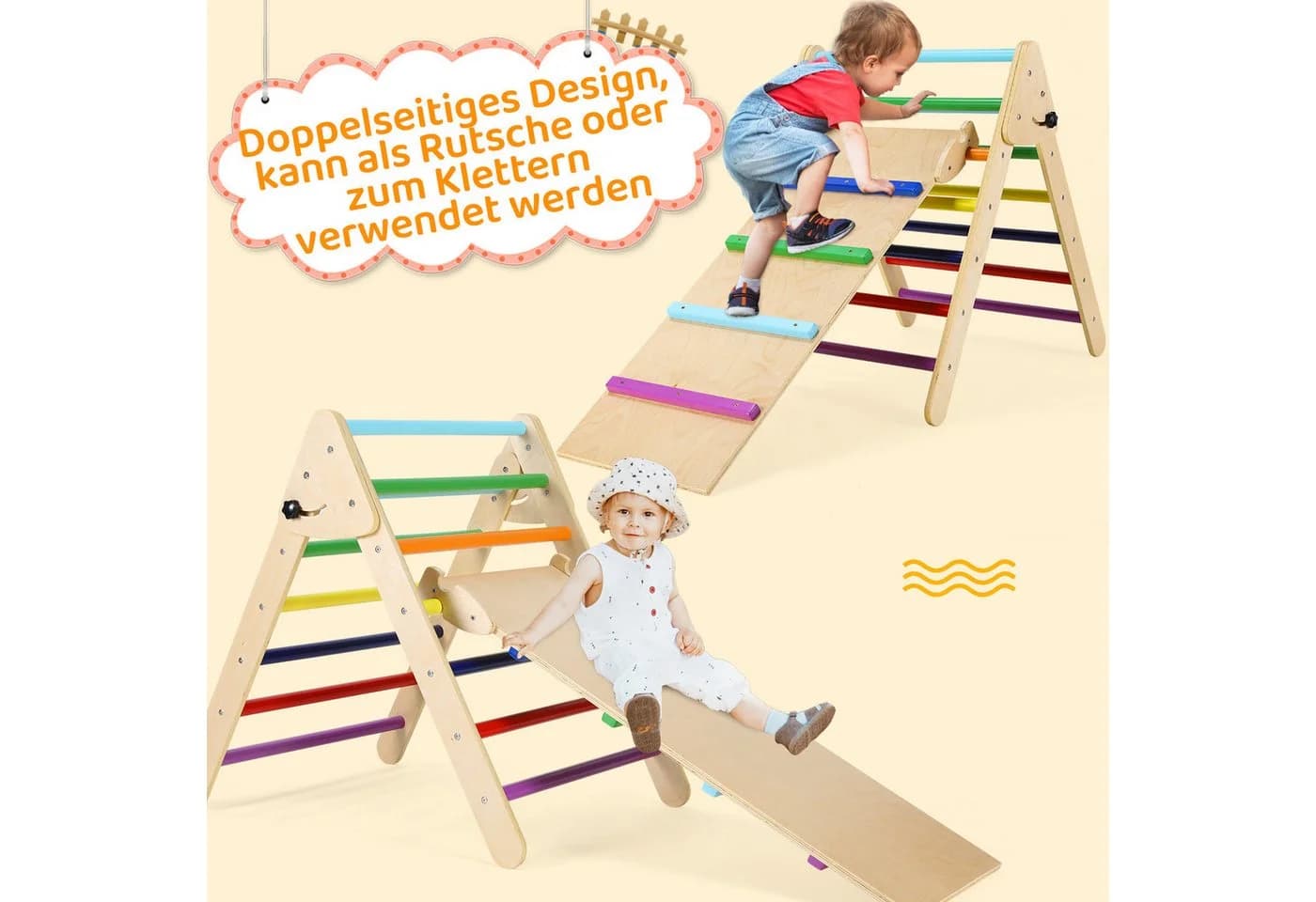 TLGREEN Klettergerüst Indoor Klappbar, 2 in 1 Kletterdreieck mit Rutsche, Holz Montessori Motorik Spielzeug