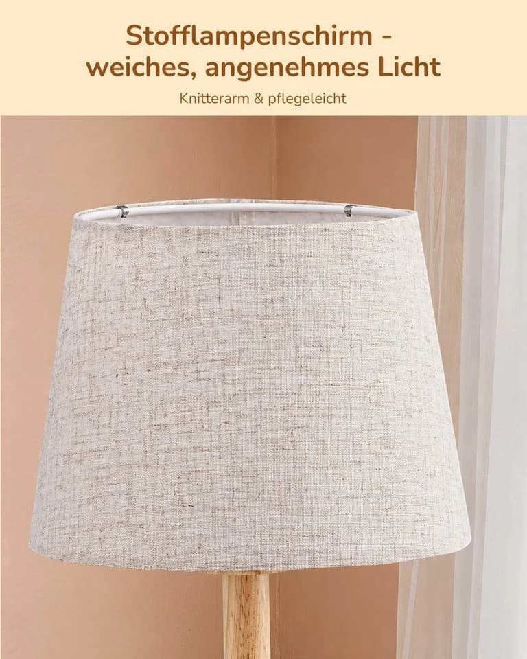 EDISHINE Nachttischlampe Landhaus Stoffschirm Beige Massivholzsockel