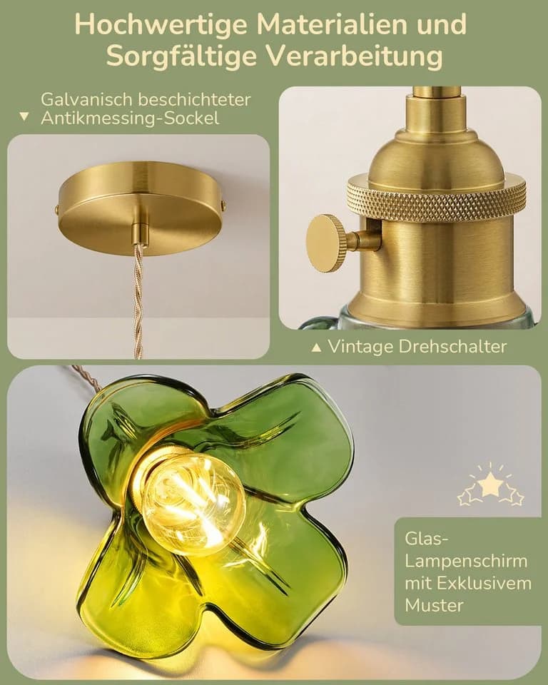 EDISHINE Pendelleuchte Grün Glas Vintage E27