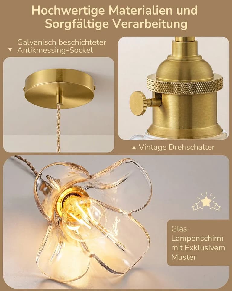 EDISHINE Pendelleuchte Glas E27 Vintage Messing Höhenverstellbar