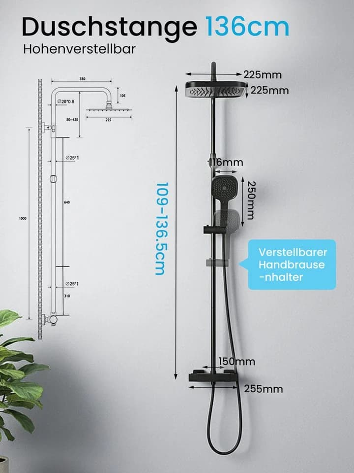 Youyijia Duschsystem mit Thermostat, Regendusche 225x225mm schwarz