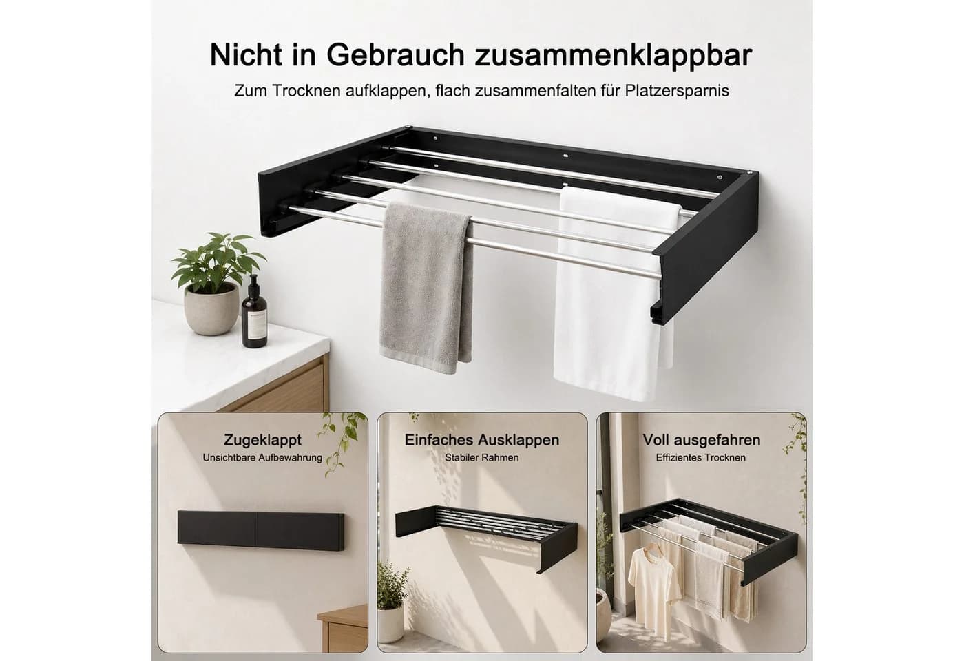 Youyijia Ausziehbarer Wandhandtuchhalter 5-Stangen Faltbar Schwarz