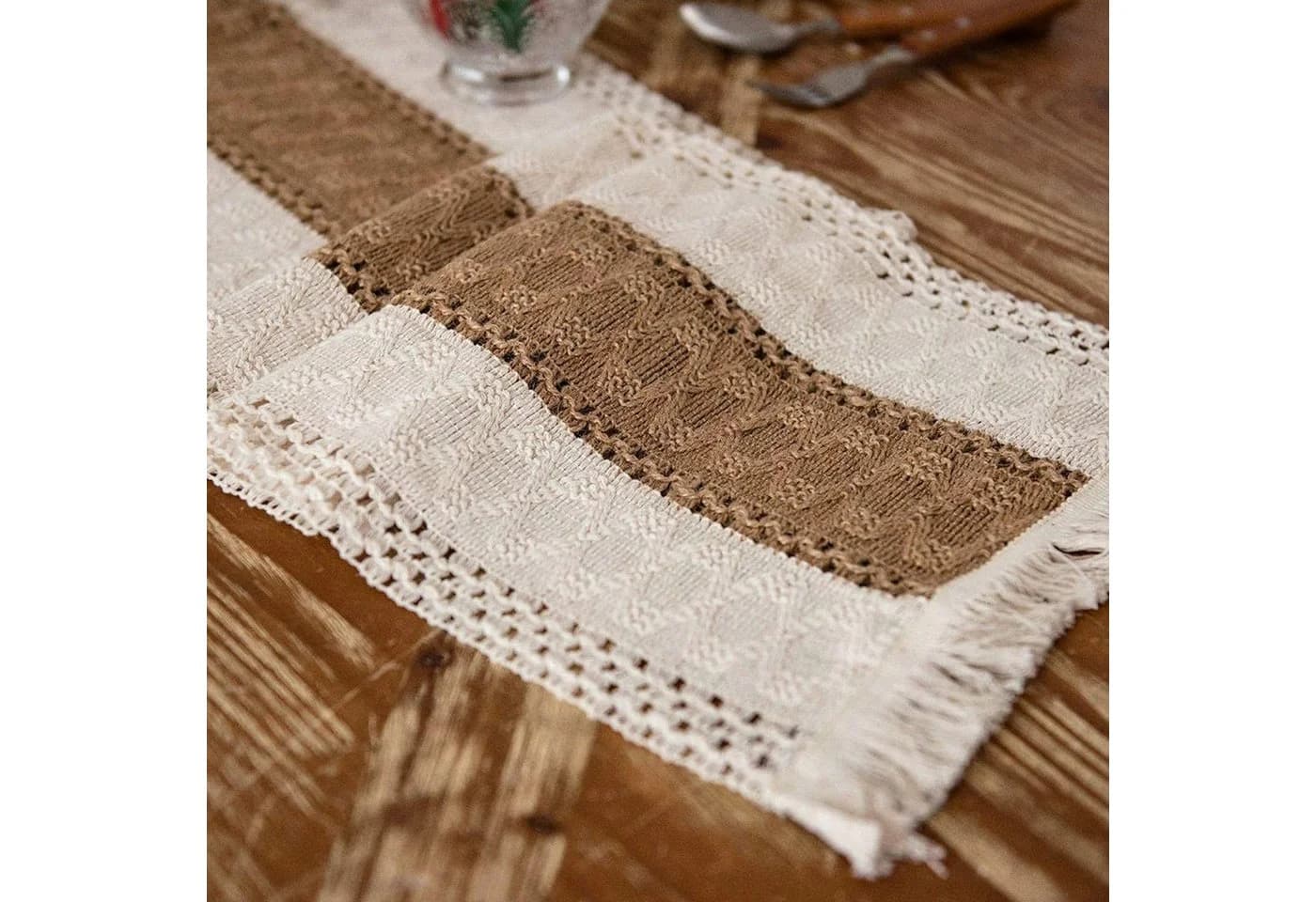 LAPAPRO Makramee Tischläufer Beige Baumwolle Jute Landhausstil