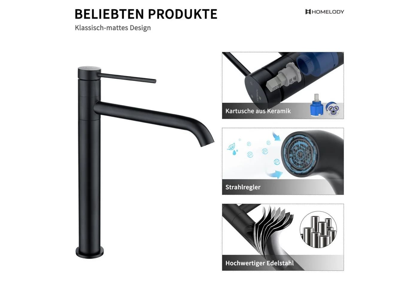 HOMELODY Badarmatur Schwarz Edelstahl 304 180° Drehbar
