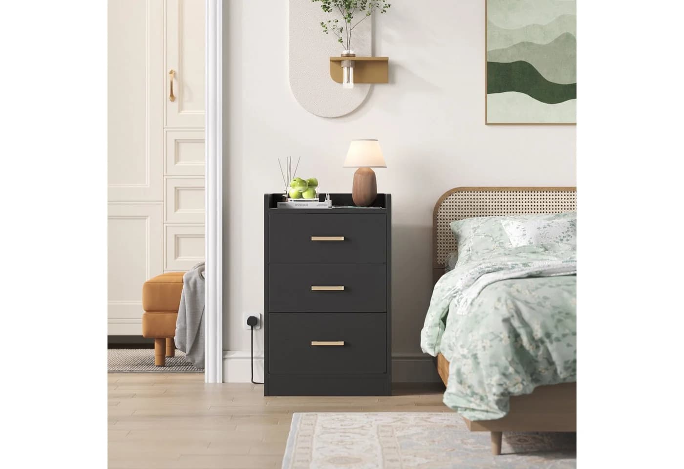 Homfa Nachttisch Nachtschrank mit Ladefunktion, 3 Schubladen, 2 AC-Steckdosen, 2 USB-Anschlüsse, 40x38x66cm