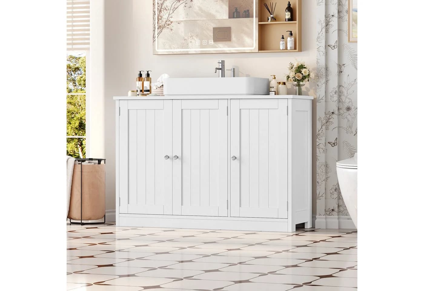 Homfa Waschbeckenunterschrank 90 cm 3 Türen Landhausstil
