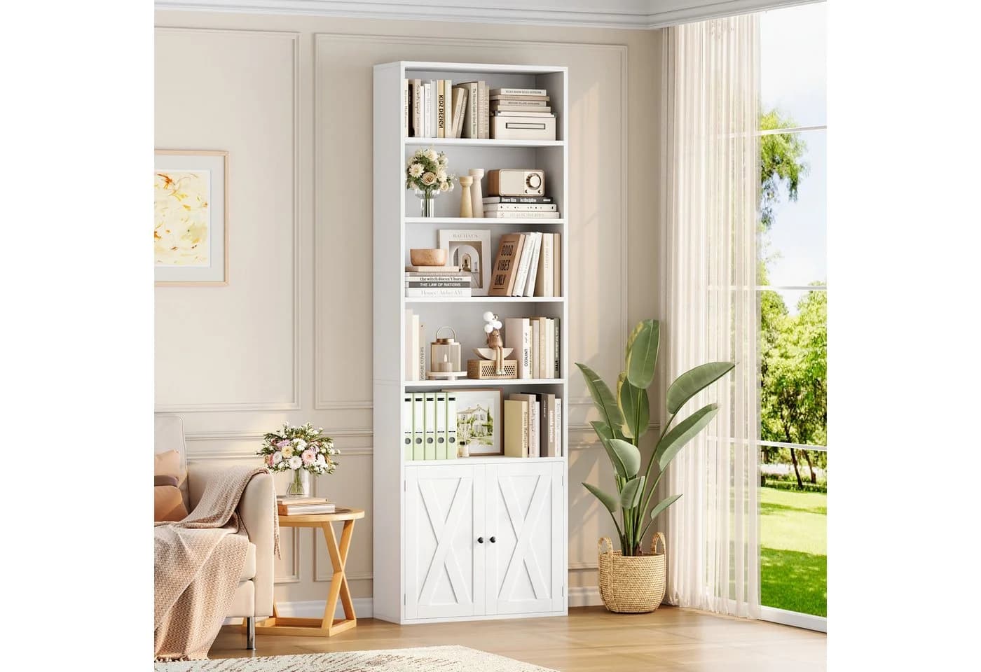 Homfa Bücherregal Standregal Bücherschrank 5 Fächer 2 Türen Weiß