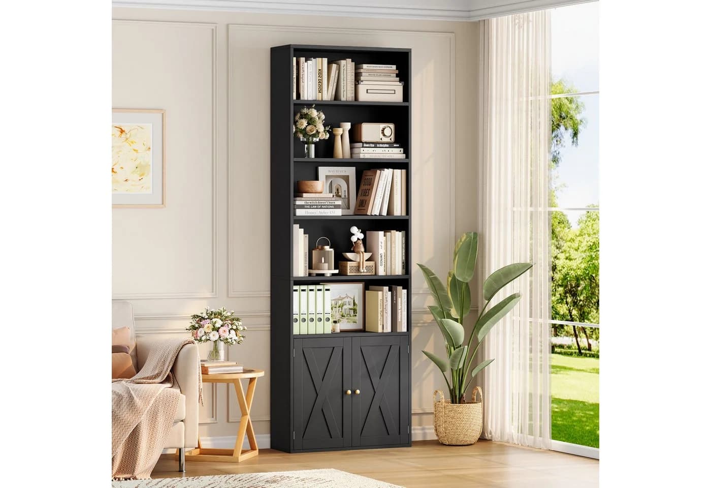 Homfa Bücherregal Standregal Bücherschrank 5 Fächer 2 Türen Schwarz