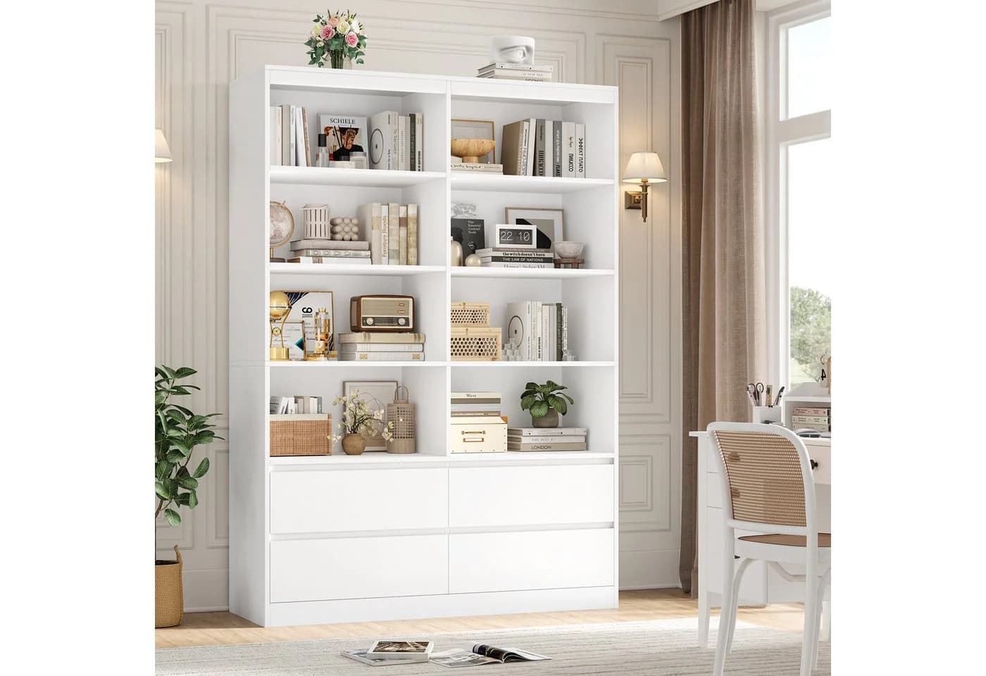 Homfa Bücherregal Hochschrank Standregal Bücherschrank Raumteiler, 8 Fächer, 4 Schubladen, 120x30x180cm