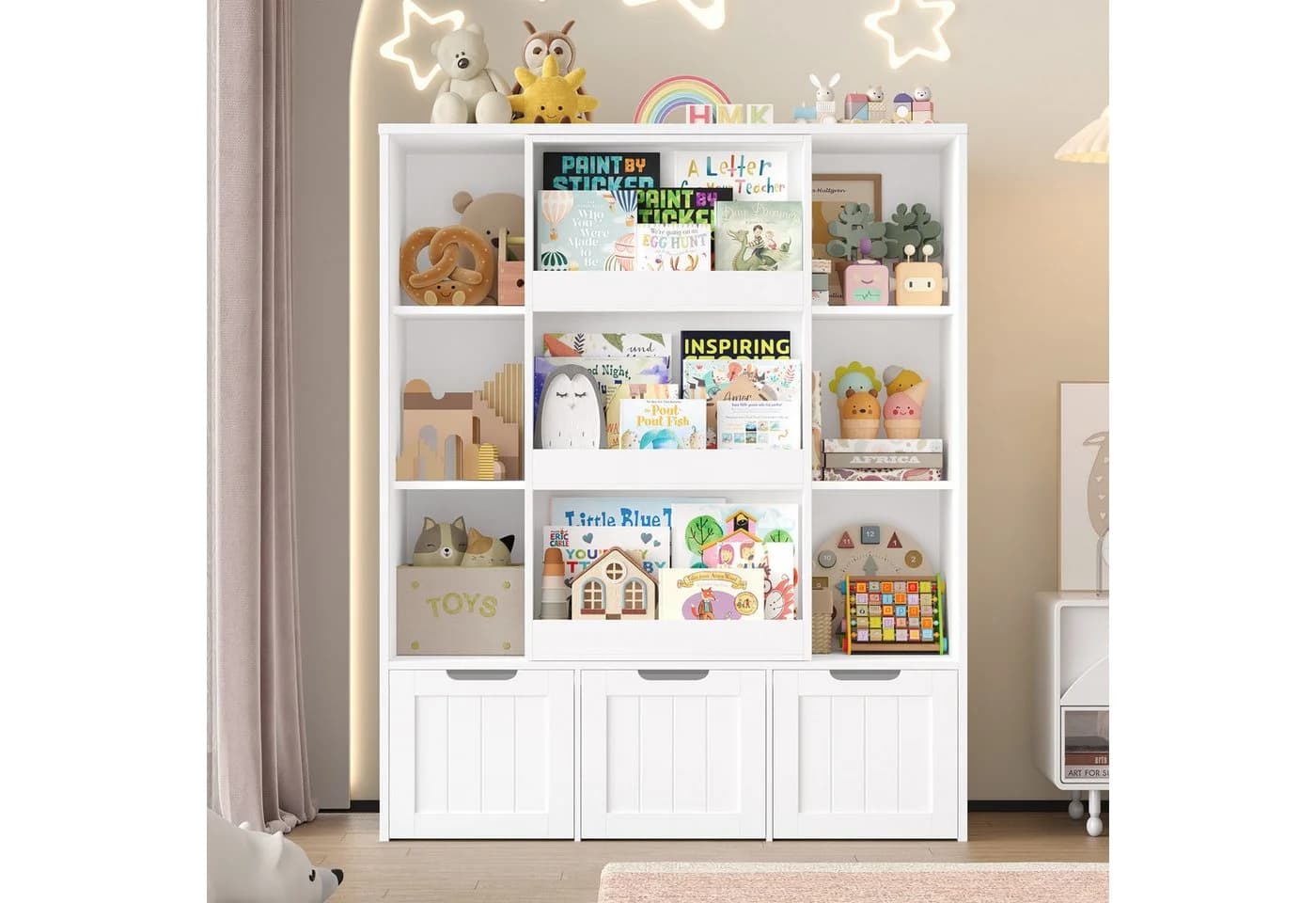 Homfa Kinderregal mit 3 Schubladen und 6 Fächern Weiß/Rosa