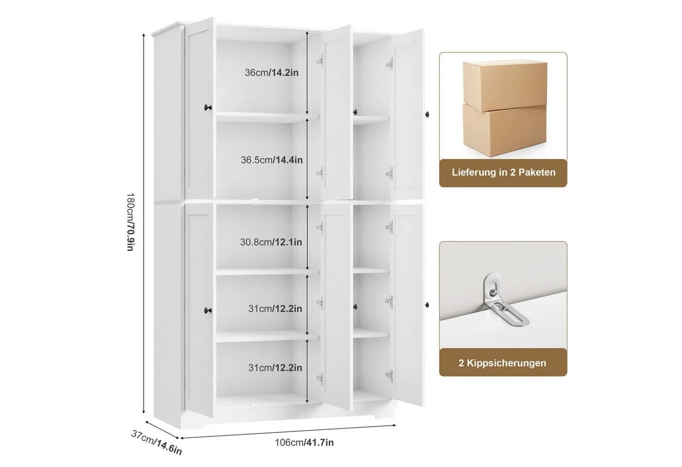 Homfa Mehrzweckschrank Küchenschrank 6 Türen Weiß
