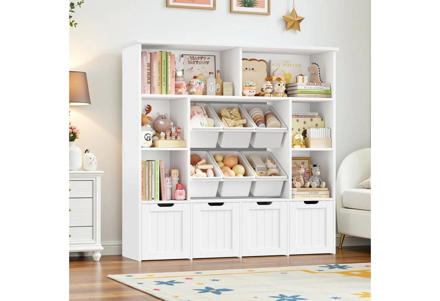 Homfa Kinderregal mit 4 Spielzeugkisten und 6 Fächern Weiß/Lila
