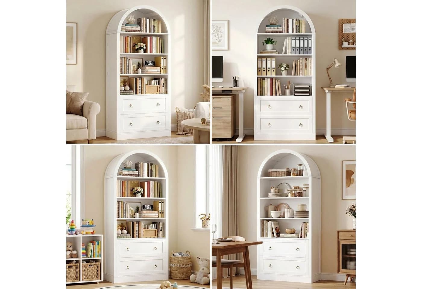 Homfa Bücherregal Weiß mit Bogenfront & 2 Schubladen