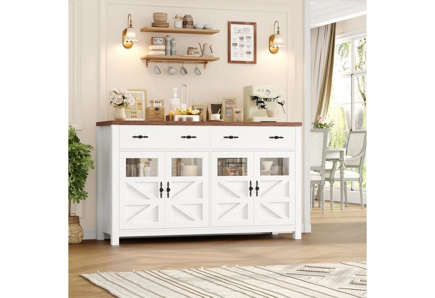 Homfa Sideboard 140cm Weiß mit 2 Schubladen & 4 Glastüren