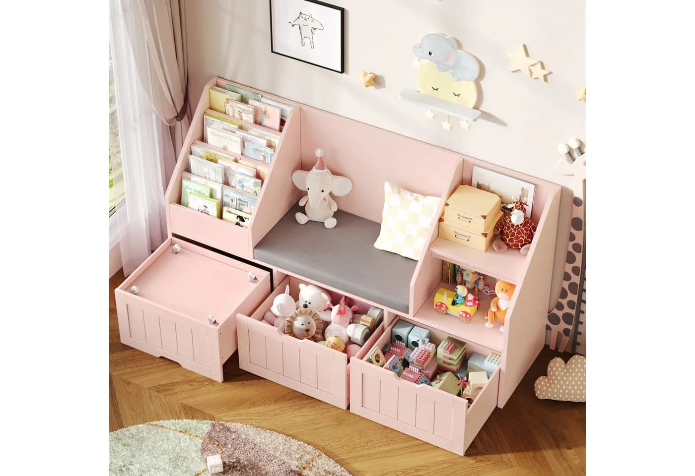 Homfa Kinderregal Sitzbank Rosa/Weiß mit Schubladen & Rädern