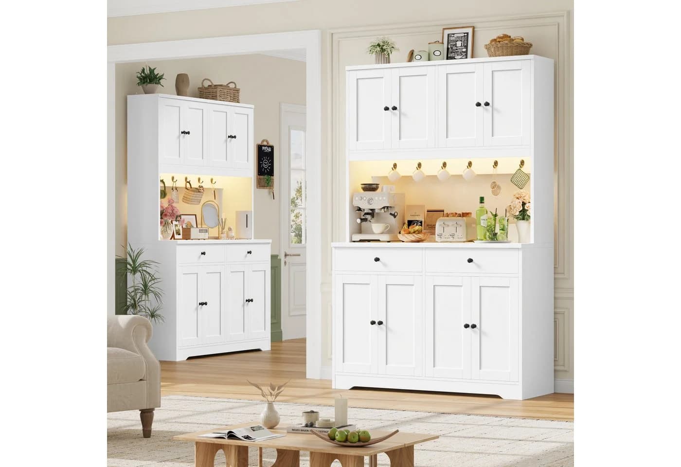 Homfa Küchenbuffet Weiß mit LED & Steckdosenleiste