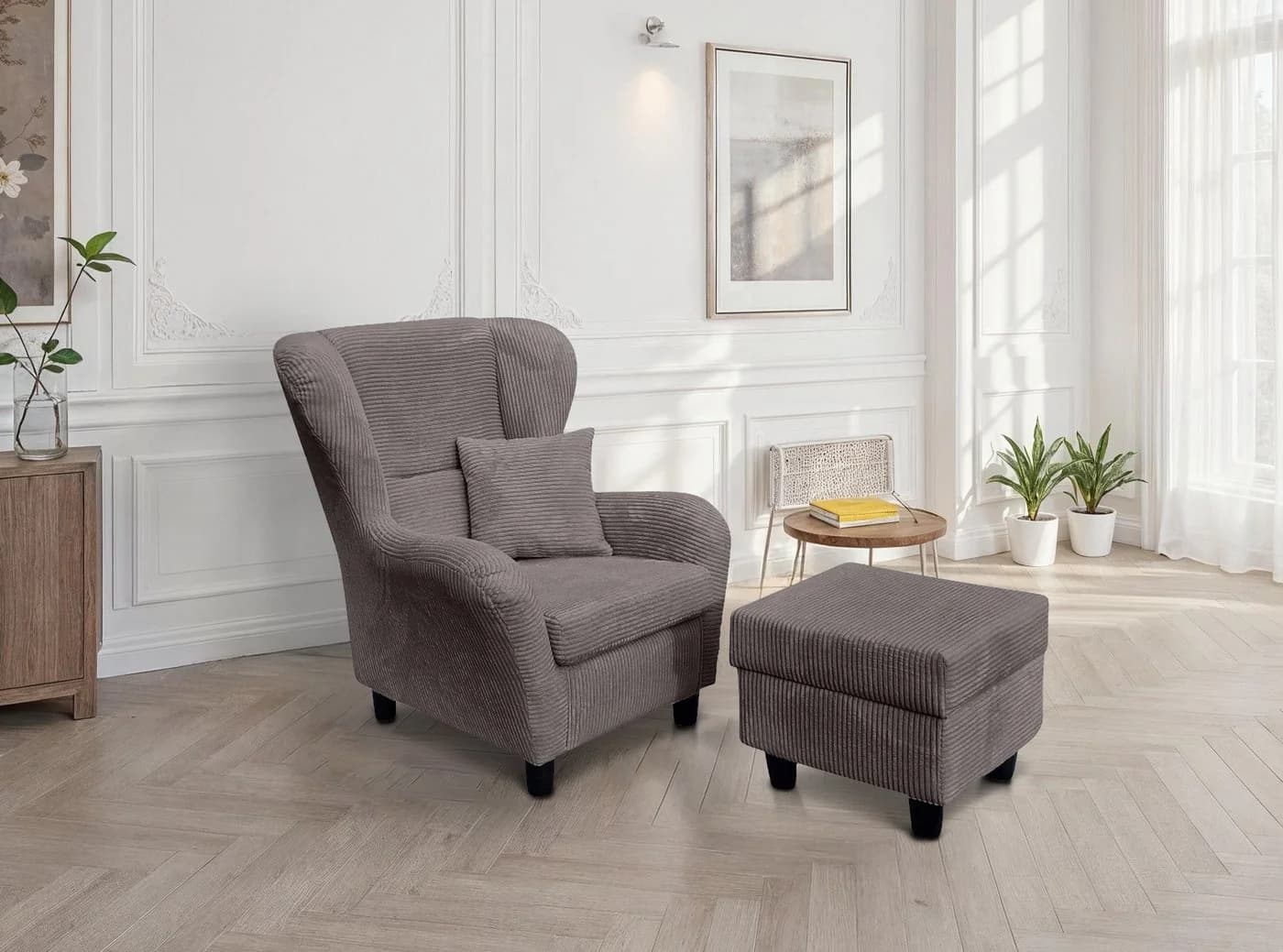 luma-home Ohrensessel 18019 Grau Lesesessel mit Hocker