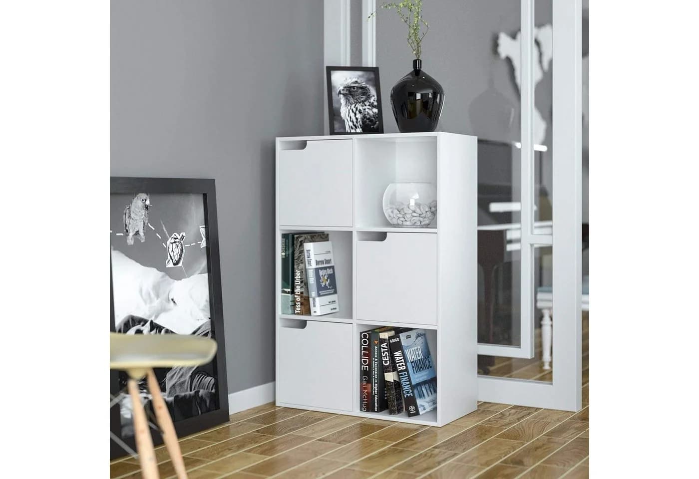Homfa Bücherregal mit 3 Türen, Standregal Weiß Holz 60x29x90 cm