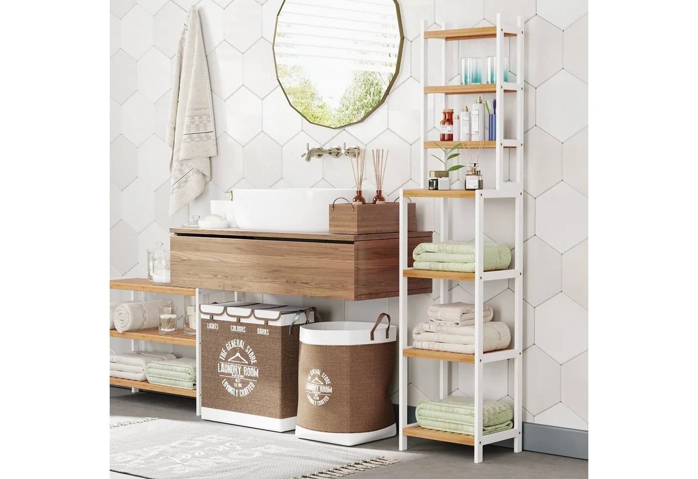 Homfa Badregal 2-IN-1 Design Standregal Schmal 7 Ablagen 160x36x28cm