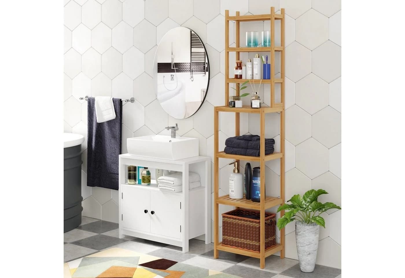 Homfa Badregal 2-IN-1 Design Standregal Schmal 7 Ablagen 160x36x28cm