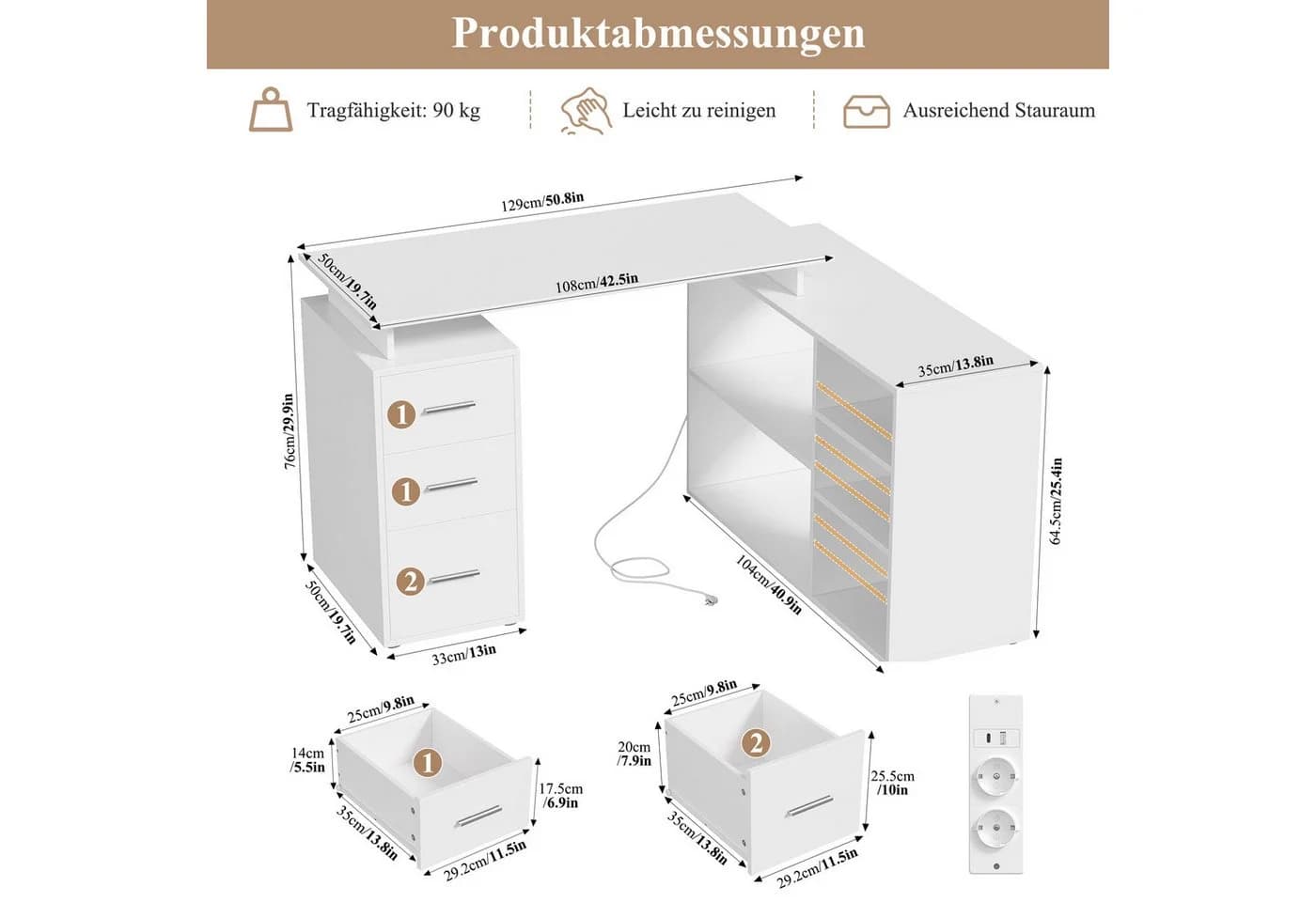 Homfa L-förmiger Schreibtisch 129x104 cm Weiß