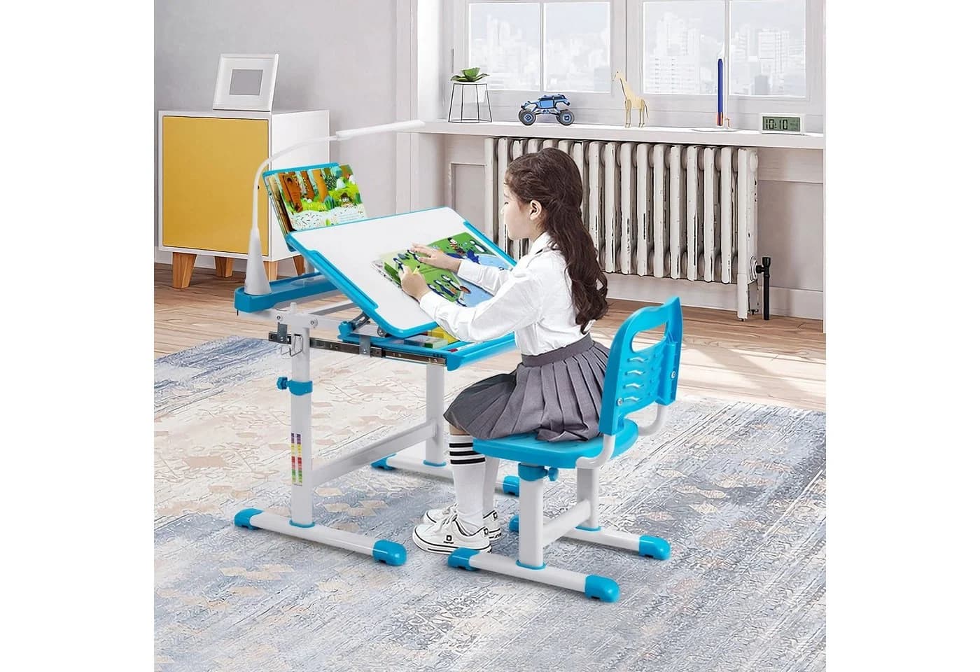 COSTWAY Kinderschreibtisch mit Stuhl & Lampe Blau Höhenverstellbar