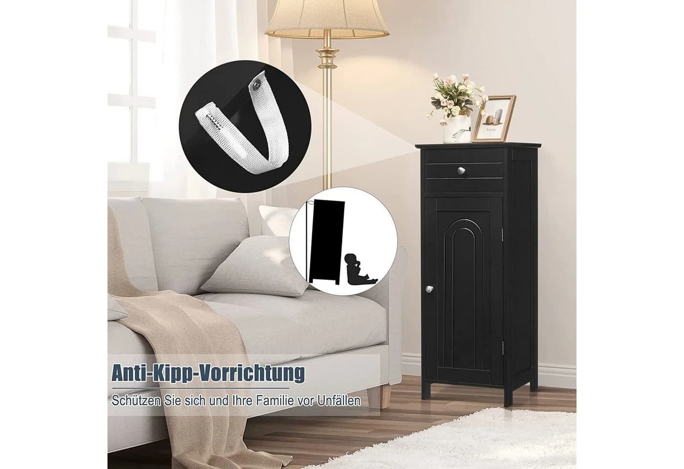KOMFOTTEU Badschrank mit Schublade Schwarz 35x30x87 cm