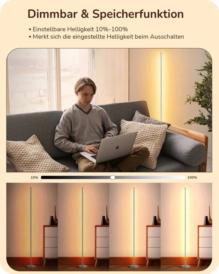 EDISHINE LED Stehlampe Wohnzimmer Silber Dimmbar Höhenverstellbar