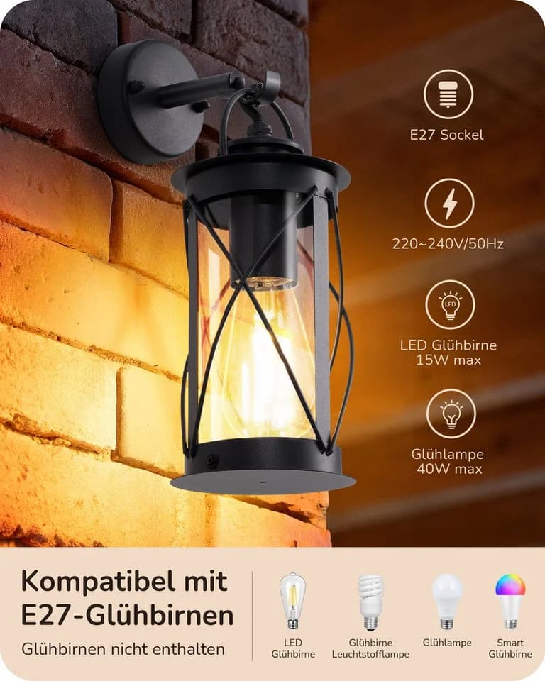 EDISHINE Außen-Wandleuchte Retro Schwarz/Anthrazit Aluminium