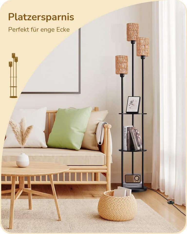 EDISHINE Stehlampe 3-flammig Vintage mit Regal Schwarz