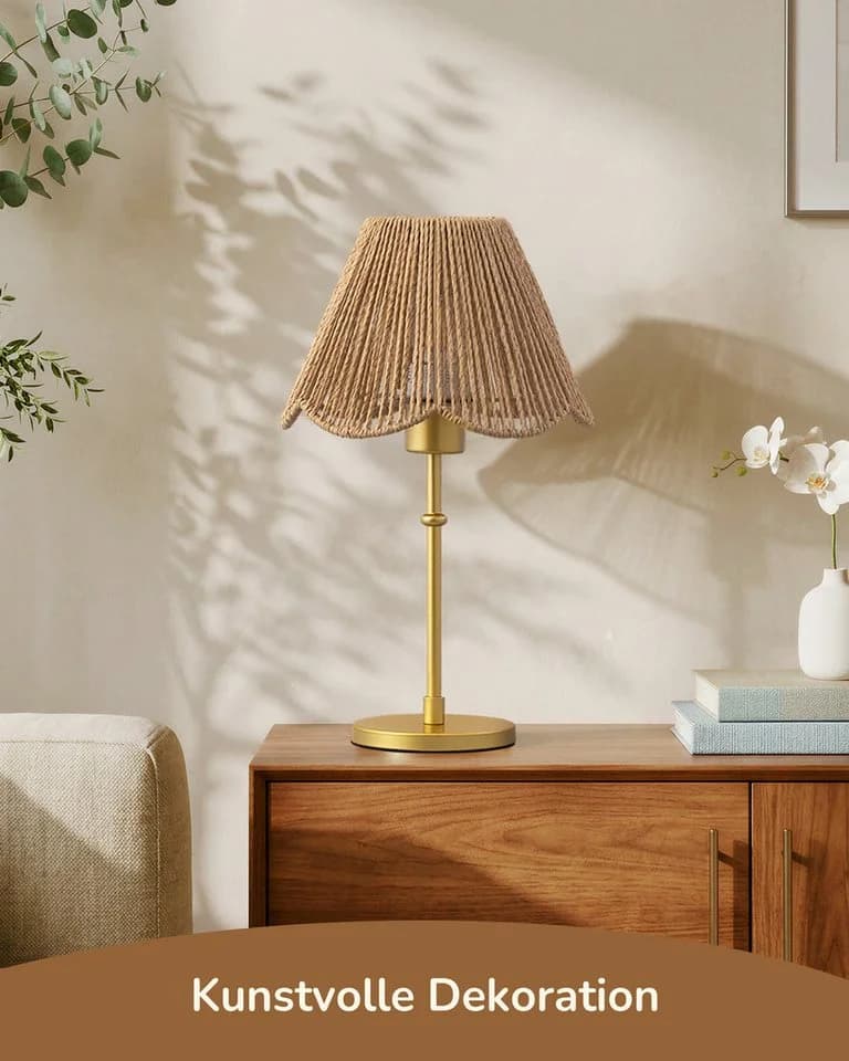 EDISHINE Nachttischlampe Gold mit handgeflochtenem Papierseir-Schirm