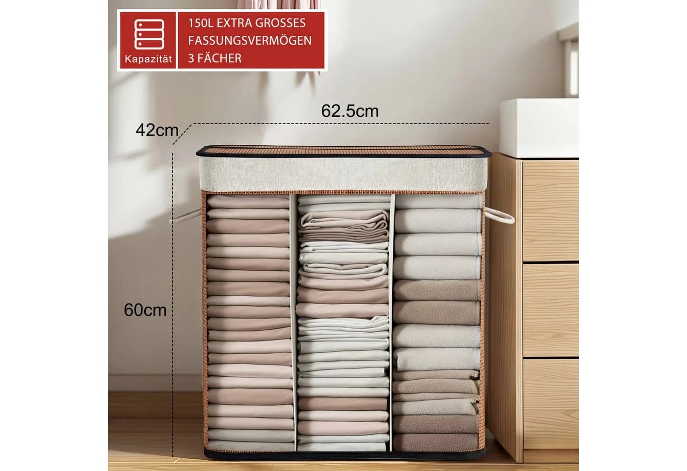Hausright Wäschekorb 150L mit Deckel & 3 Fächern, faltbar, Bambus-Optik