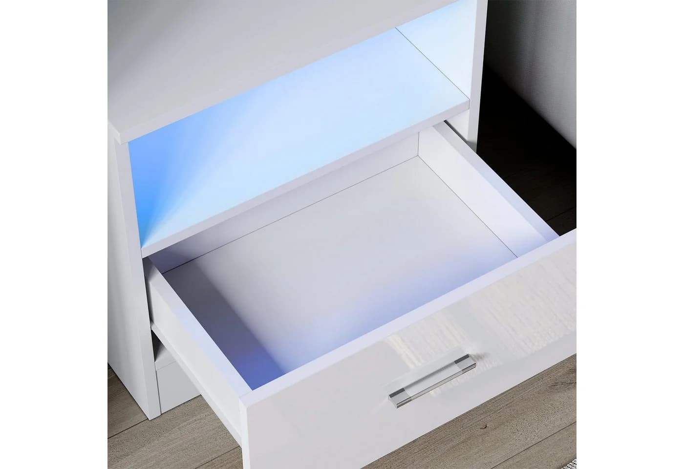 SONNI Nachtkonsole mit LED-Beleuchtung und Schublade, weiß Hochglanz