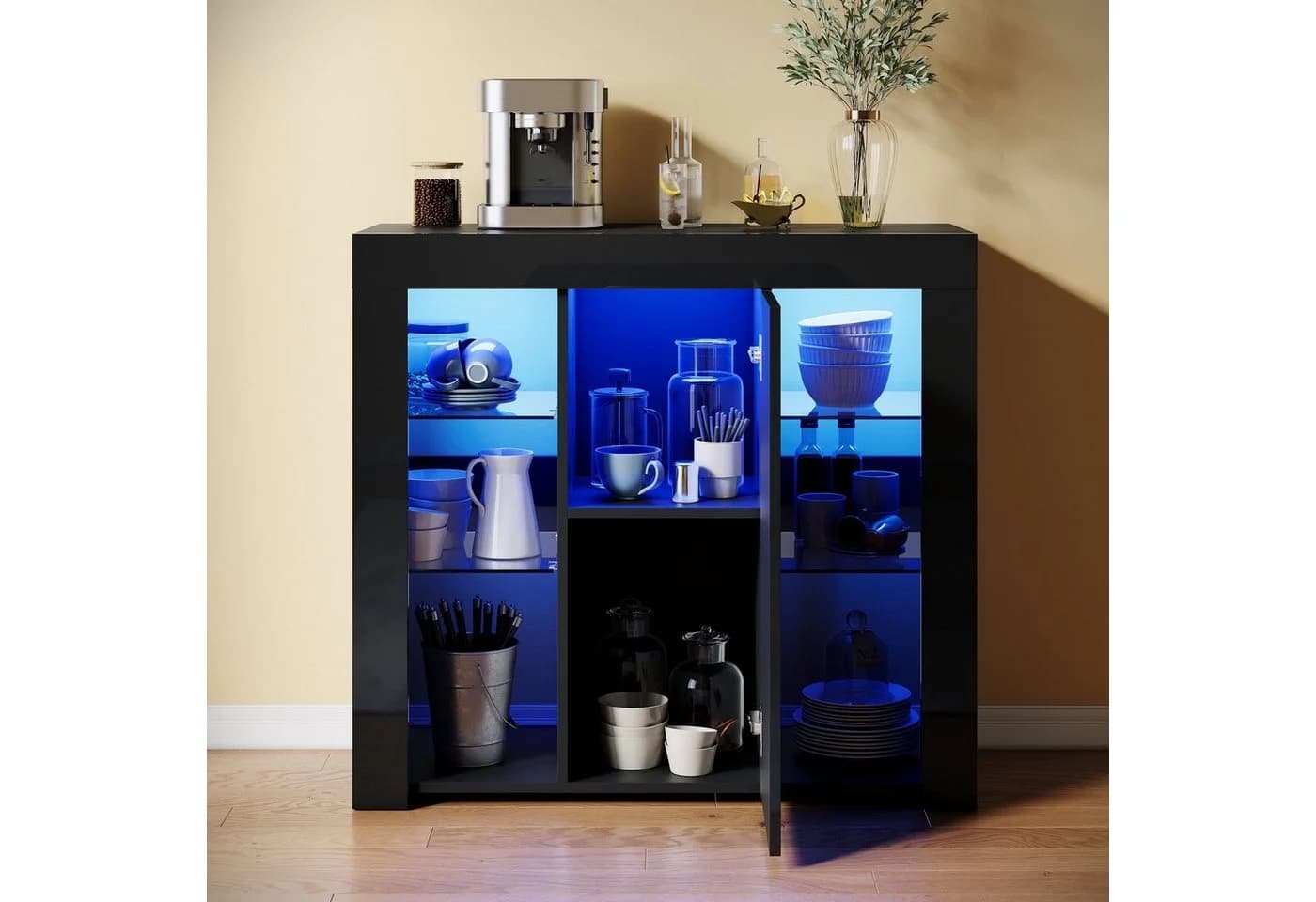 SONNI Sideboard mit LED Beleuchtung 90x35x83cm Weiß/Schwarz Hochglanz