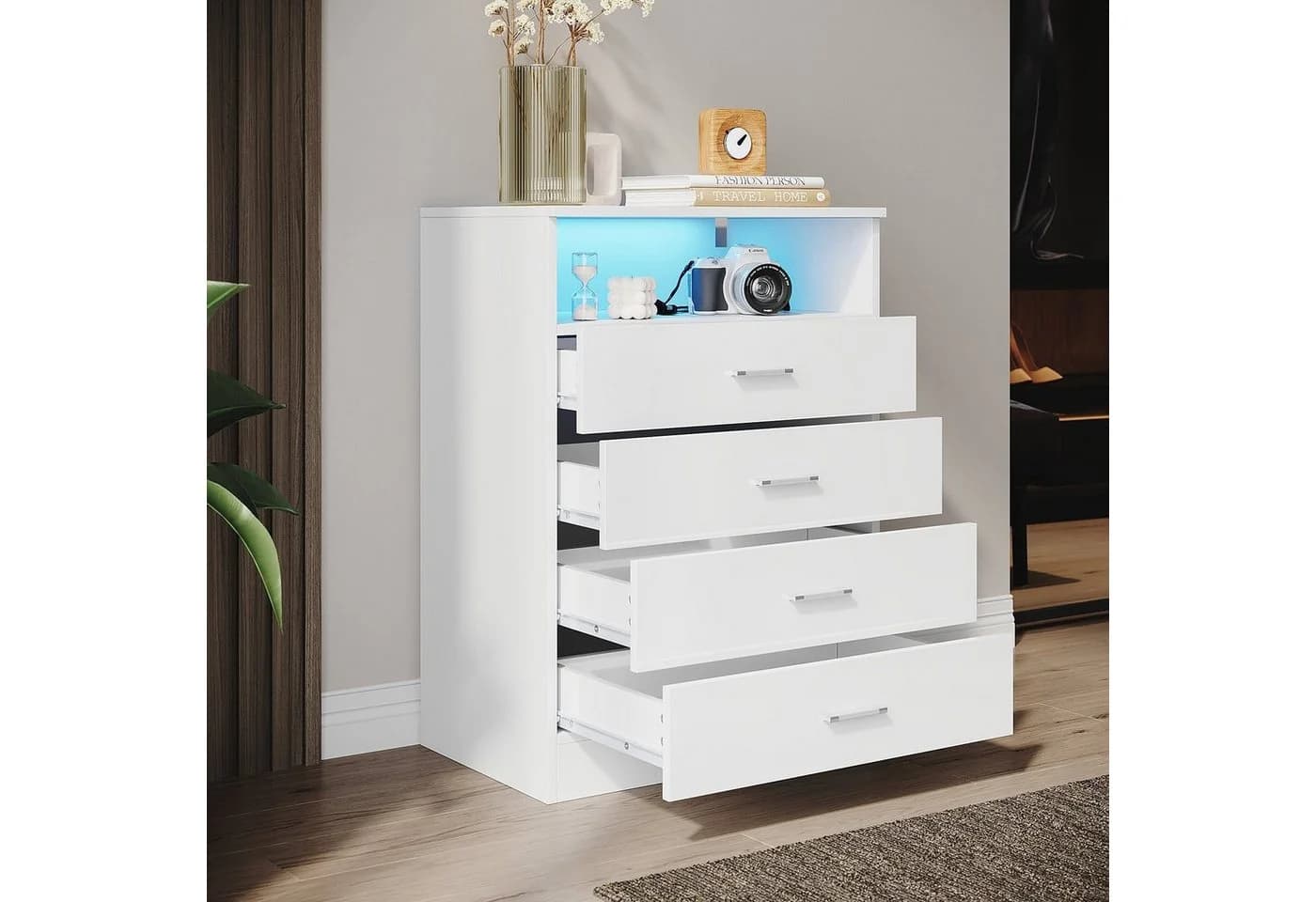 SONNI Kommode Weiß 4 Schubladen LED-Beleuchtung