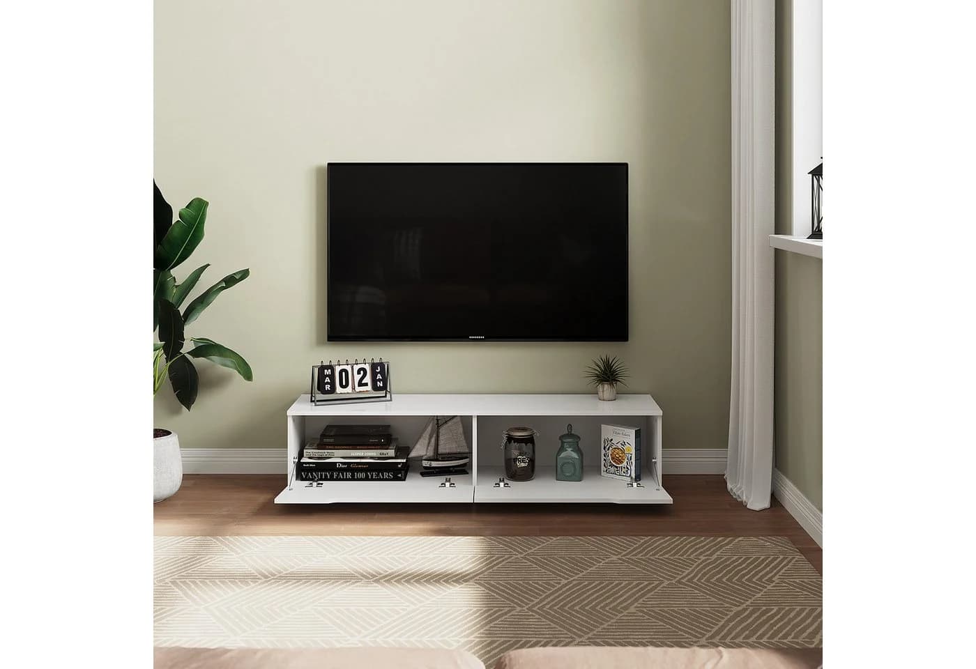 SONNI TV-Schrank Lowboard Weiß Hochglanz 140 cm mit LED-Beleuchtung
