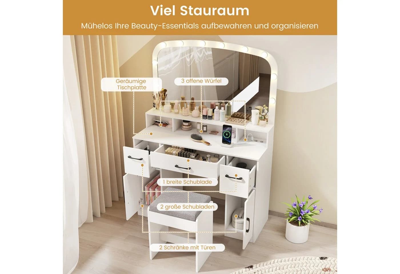 COSTWAY Schminktisch mit Hocker, LED-Spiegel, Ladestation, 108 cm, Braun/Weiß