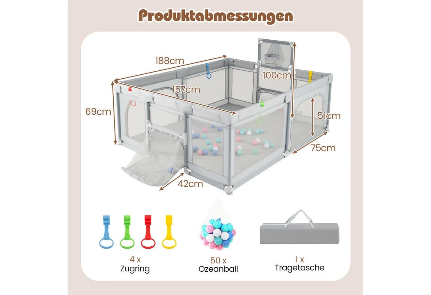 COSTWAY Laufstall Baby Laufgitter Faltbar mit Basketballkorb