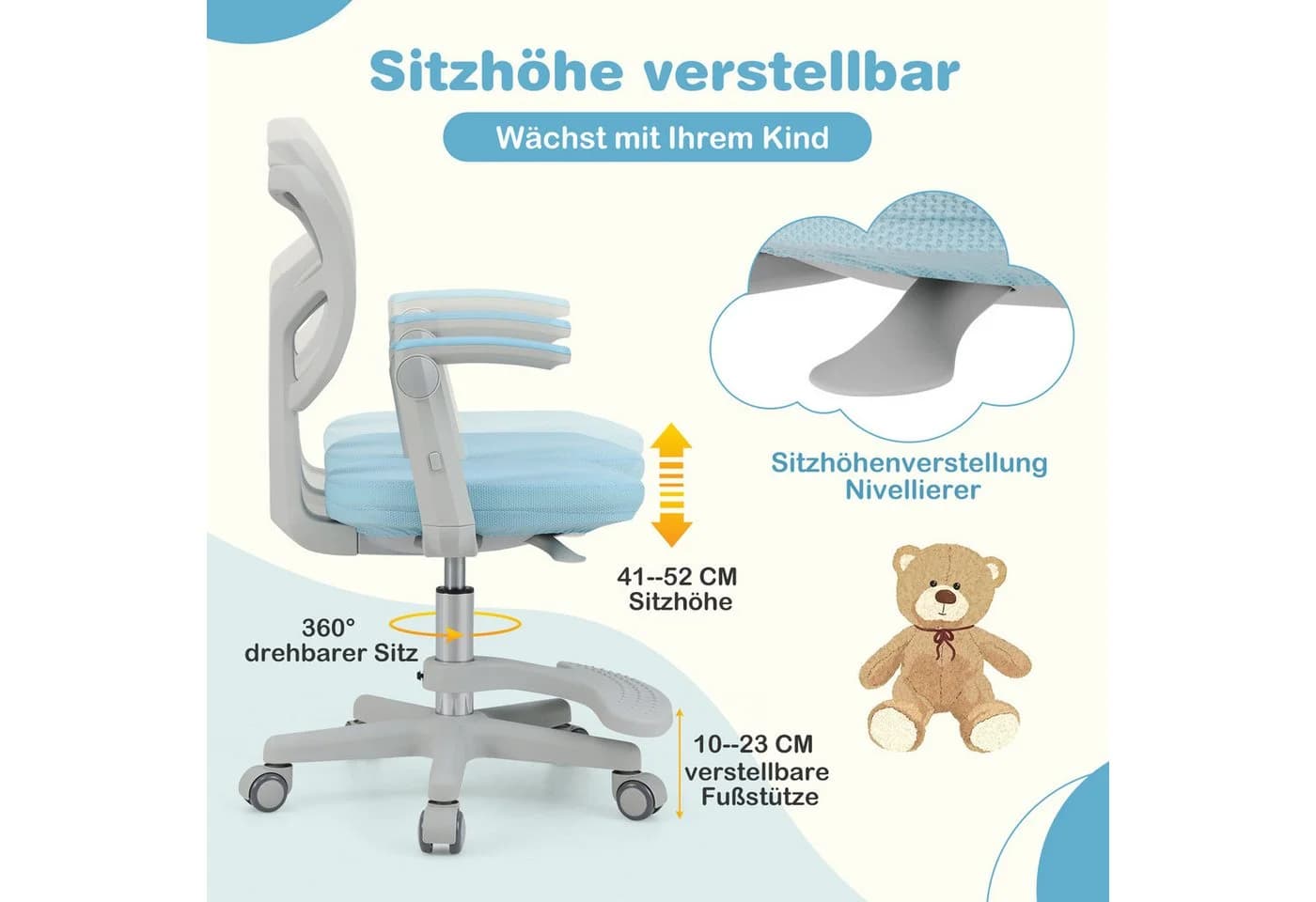 COSTWAY Drehstuhl Kinder Blau 5 Rollen Schreibtischstuhl Höhenverstellbar