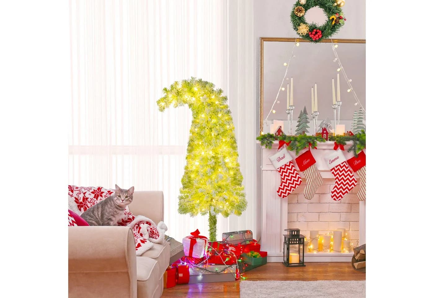 COSTWAY Künstlicher Weihnachtsbaum 150cm biegbare Spitze mit Schnee, 80 LEDs