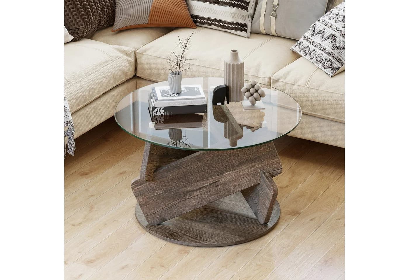 COSTWAY Couchtisch Rund Grau Massivholz 81cm