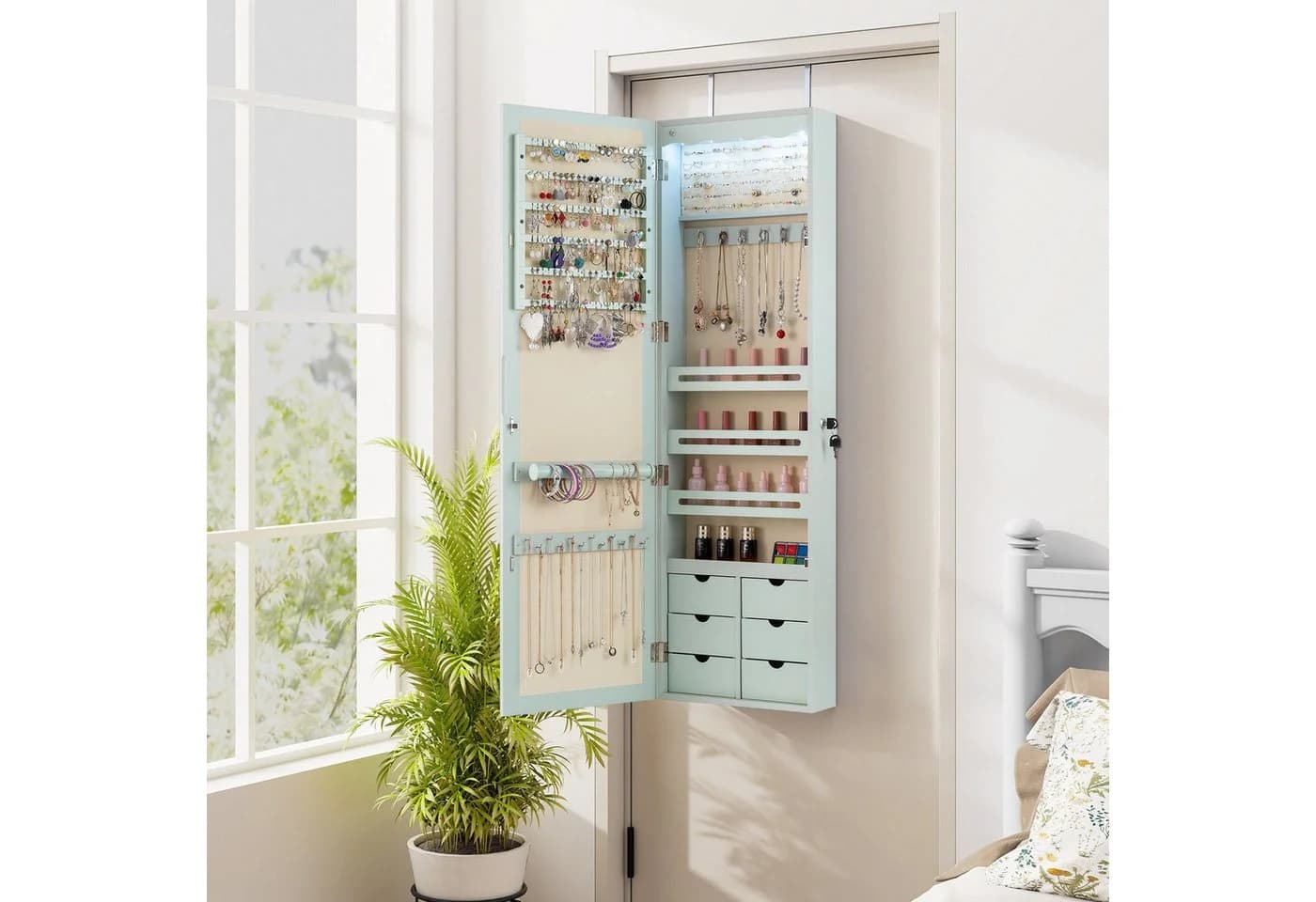 COSTWAY Schmuckschrank mit LED & Ganzkörperspiegel für Tür und Wand