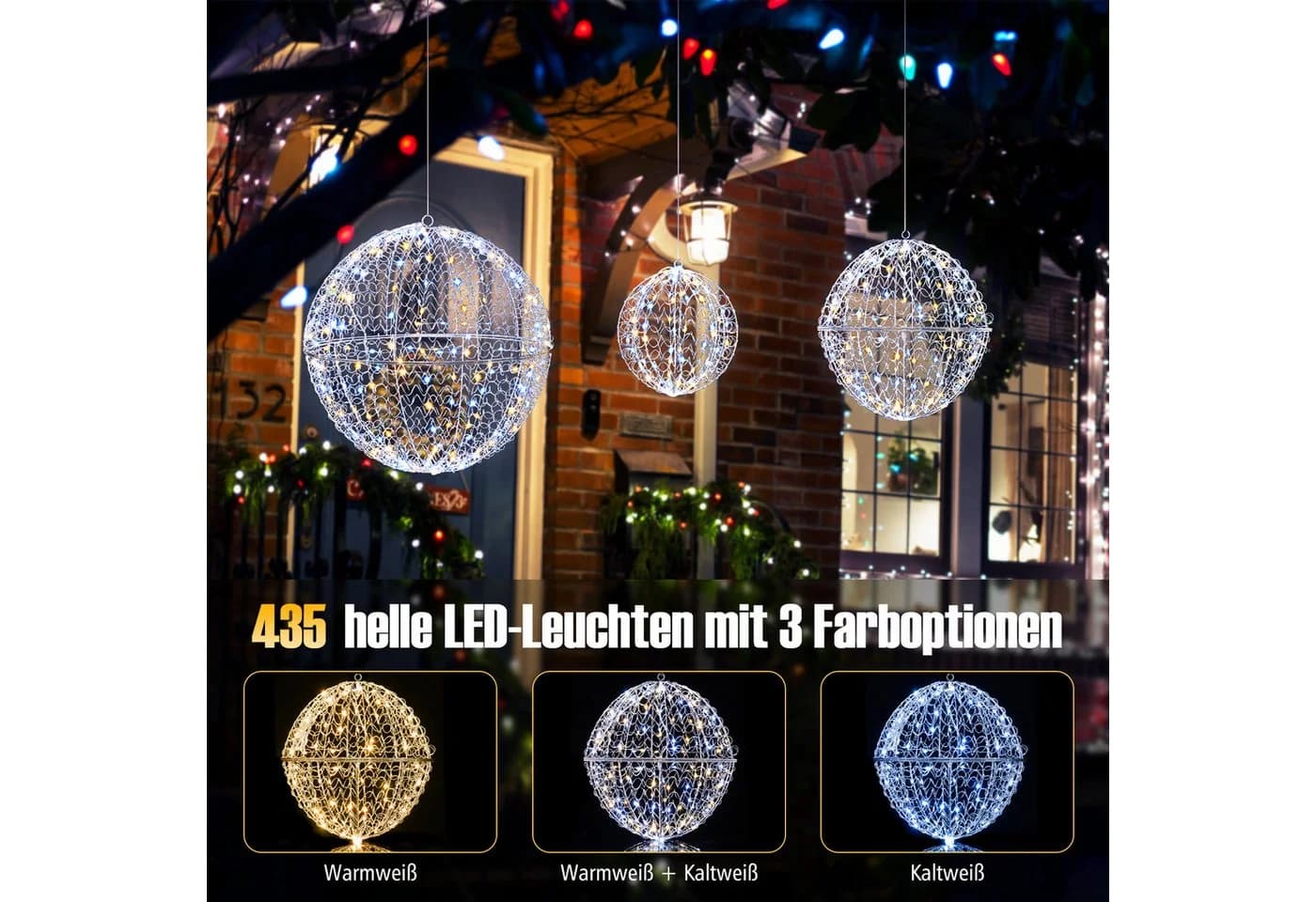 COSTWAY LED Weihnachtskugeln 3er-Set Silber Metall