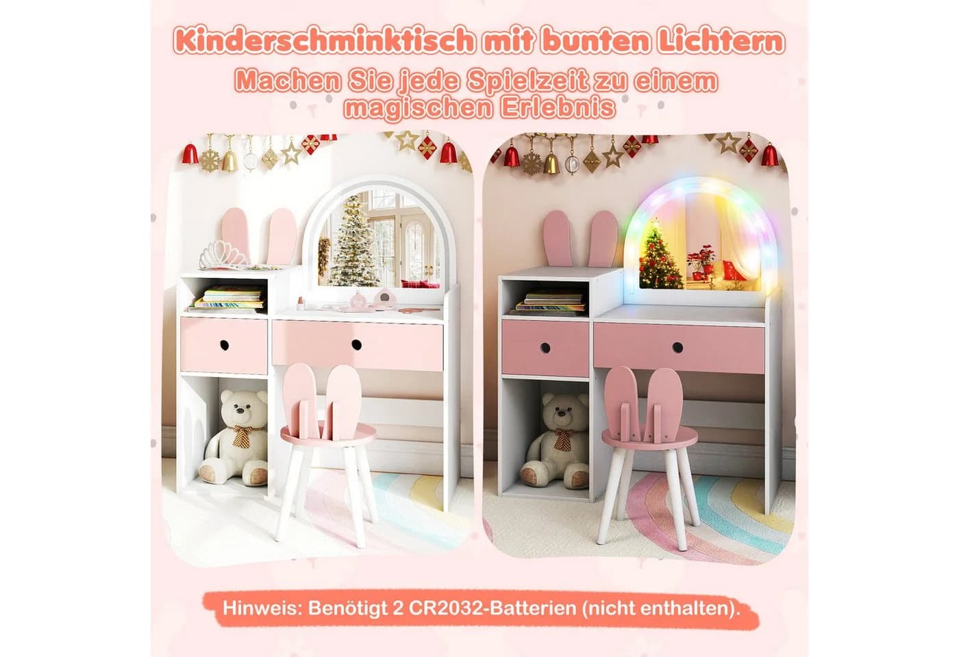 COSTWAY Schminktisch mit Stuhl für Kinder, weiß, beleuchtet