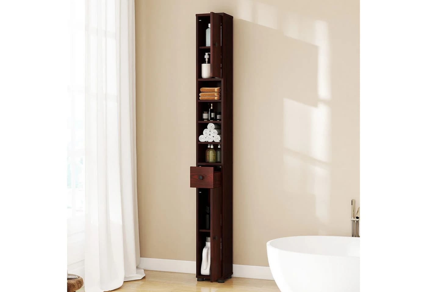 COSTWAY Hochschrank Badschrank schmal verstellbaren Regal Weiß
