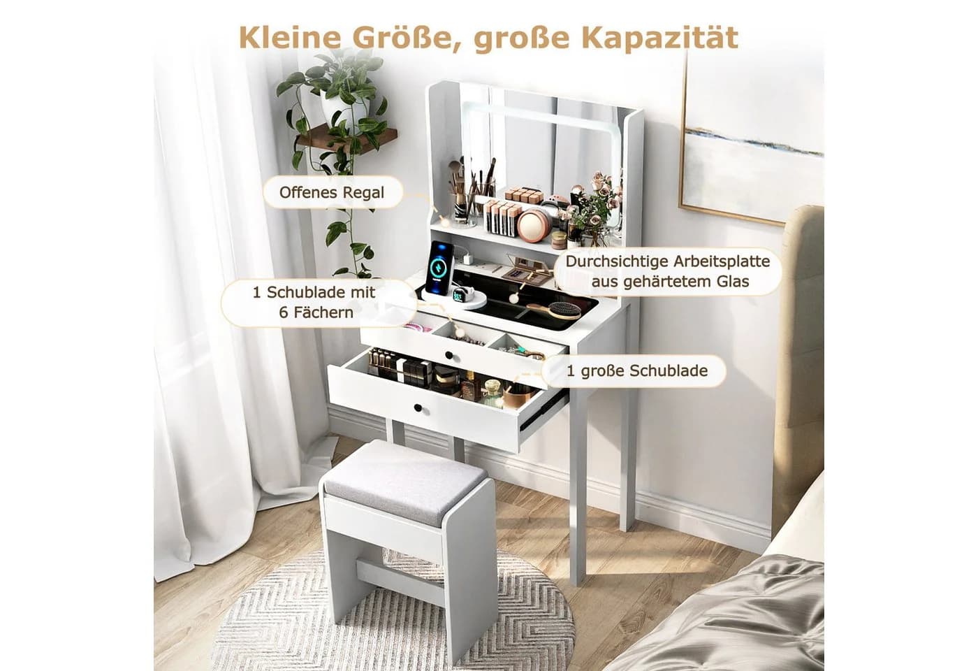 COSTWAY Schminktisch mit Hocker, LED-Spiegel und Steckdosen