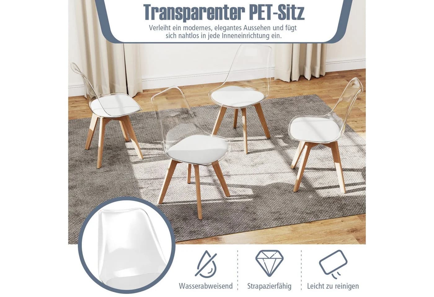 COSTWAY Esszimmerstuhl 4er Set transparent mit Massivholz Beinen