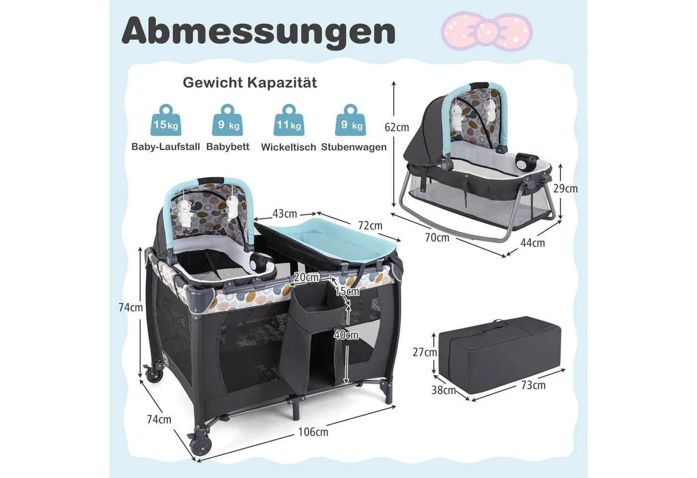 COSTWAY Baby-Reisebett 1-tlg. Laufstall Babybett mit Babywiege Wickeltisch Matratze