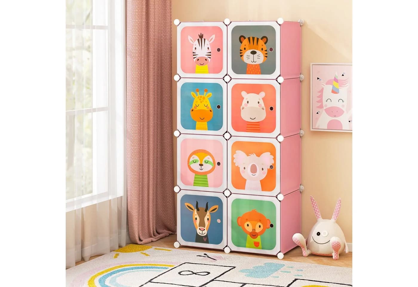 COSTWAY Kinderkleiderschrank mit Kleiderstange und 8 Würfeln, Rosa