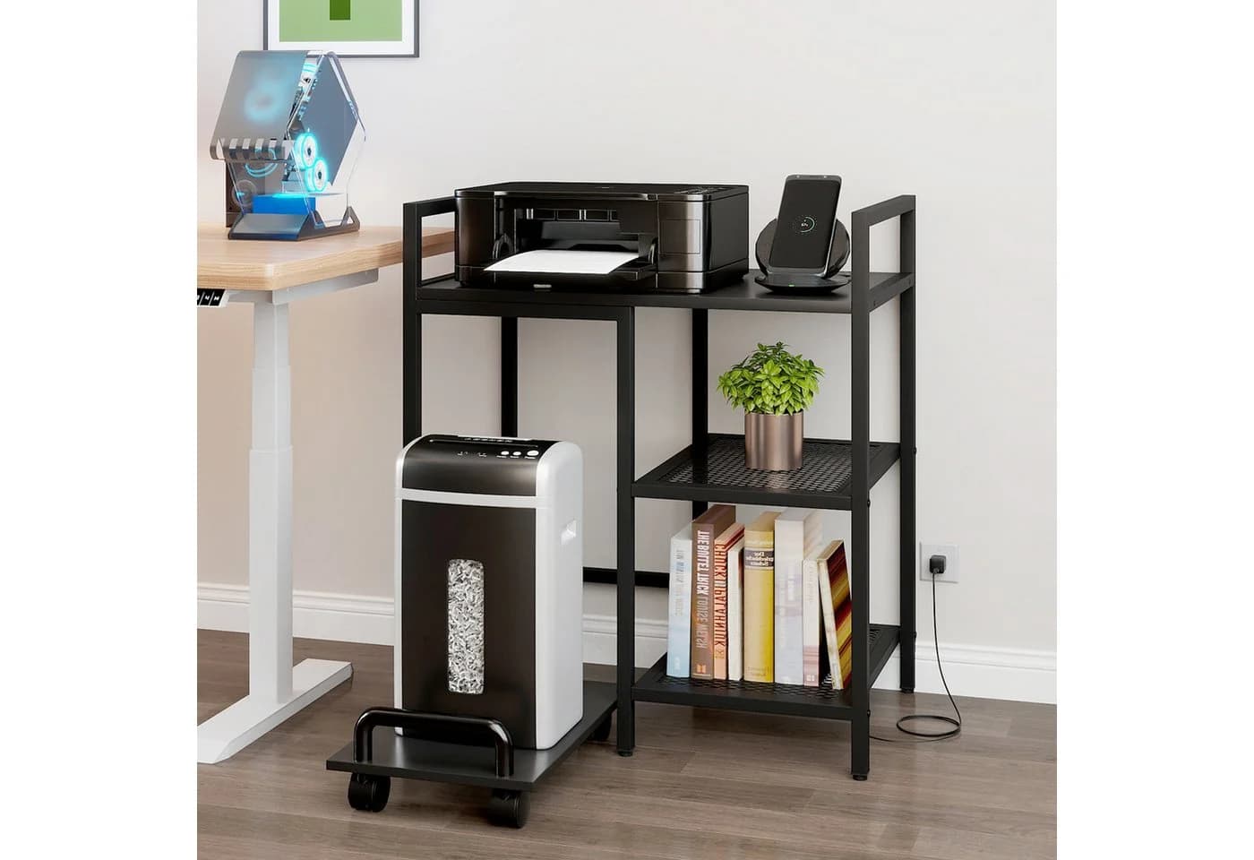 COSTWAY Druckertisch 3-stufig mit Steckdosen & Rollen